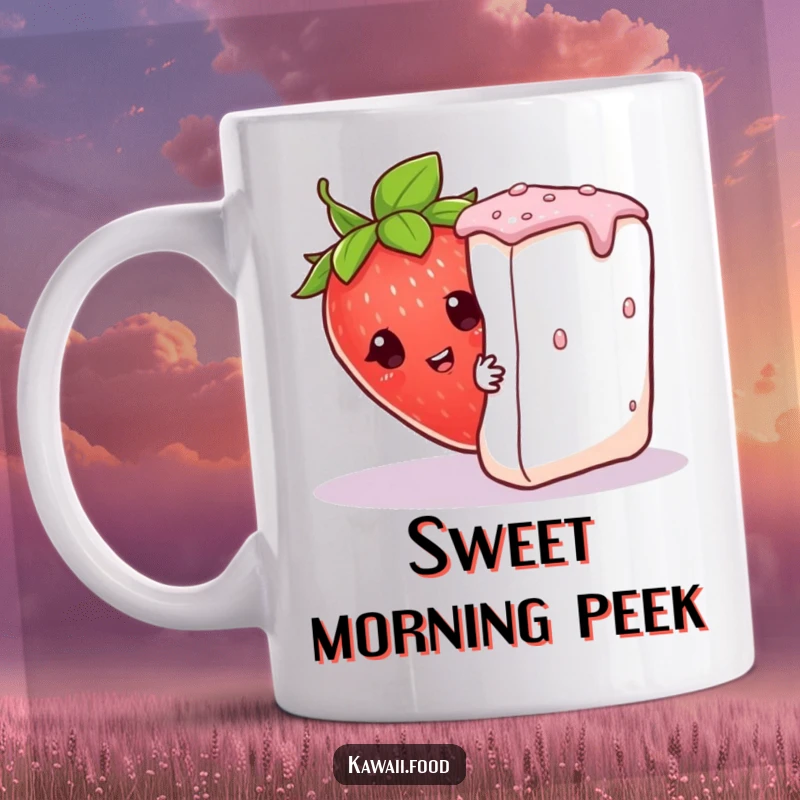 Funny curious strawberry character wearing a tiny leaf hat, peeking from behind a giant sugar cube, bringing cute humor to this mug.