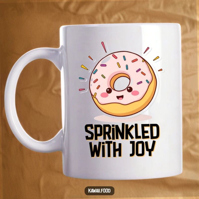 Cheerful donut character with sprinkles comically flying off its sides, looking delightfully happy and humorous on this mug.
