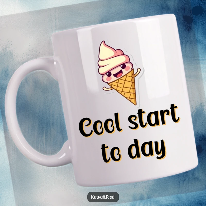 Funny mug featuring a cheerfully spinning ice cream cone character, dripping with joy. A delightful treat for your beverage.