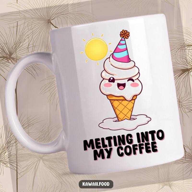 Funny joyful ice cream cone character in a party hat, comically melting under a bright sun. A cheerful and funny mug.