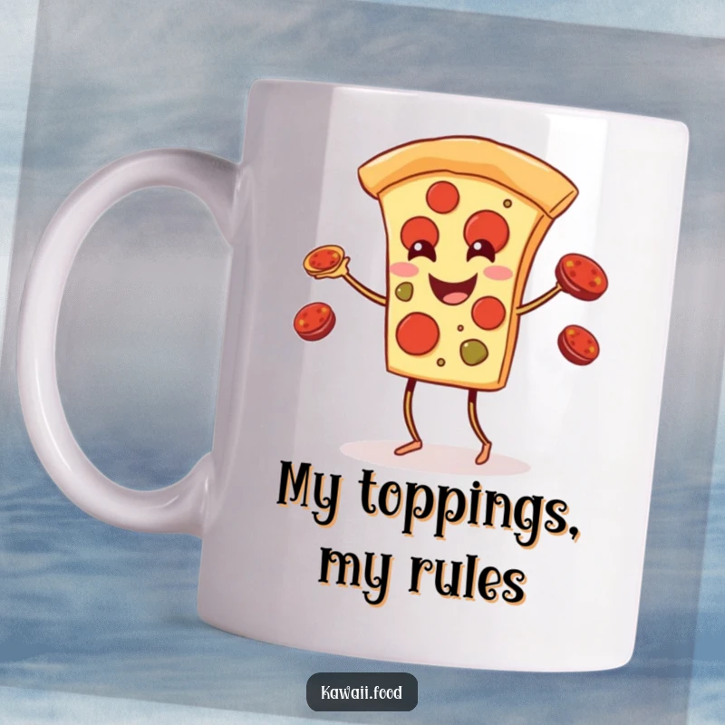 Funny pizza slice with legs joyfully juggling pepperoni toppings on a coffee mug, showcasing a playful and humorous food design.
