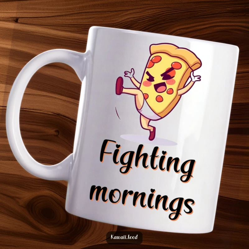 Funny mug showing a determined pizza slice character executing a powerful high kick, symbolizing energy and humorous action.