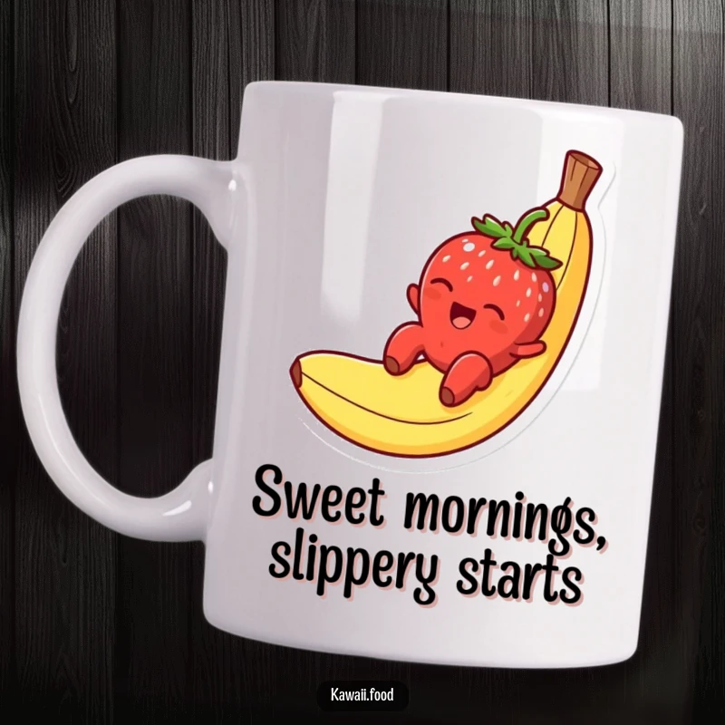 Funny mug showcasing a smiling strawberry character gleefully sliding down a slippery banana peel, full of sweet chaos.