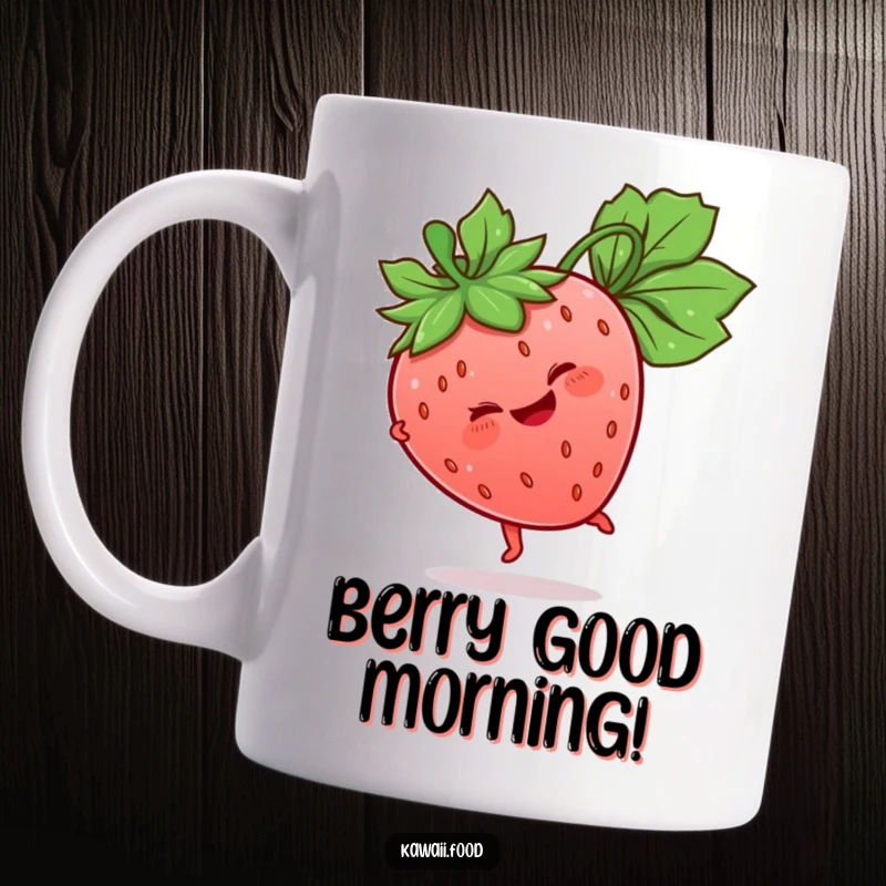 Funny Strawberry Mug with a giggling character doing a cartwheel, its leaf stem acting as a flourish, a vibrant and cheerful design.