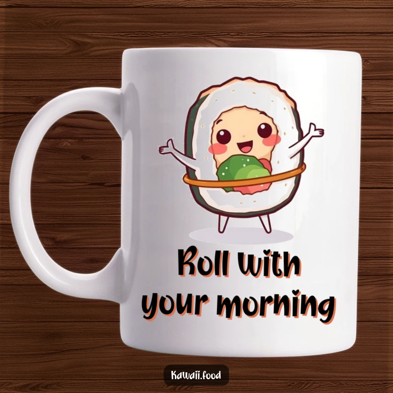 Funny mug showing a cheerful sushi roll character happily spinning a tiny hula hoop, full of culinary joy.