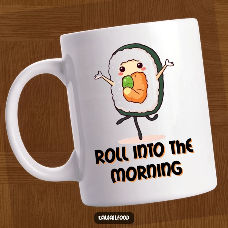 Cheerful sushi roll character with legs gracefully performing a pirouette, depicted on an elegant and humorous mug.