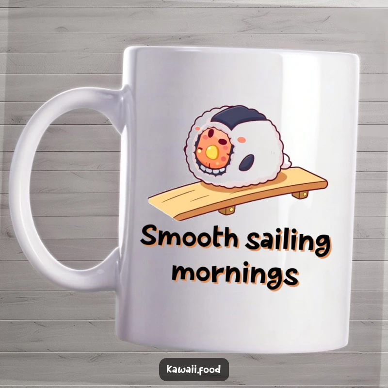 Funny mug with a smiling sushi roll smoothly sliding down a ramp, embodying carefree joy and deliciousness.