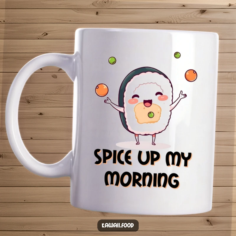 Funny mug depicts a cute sushi character skillfully juggling small green wasabi balls, showcasing playful dexterity.
