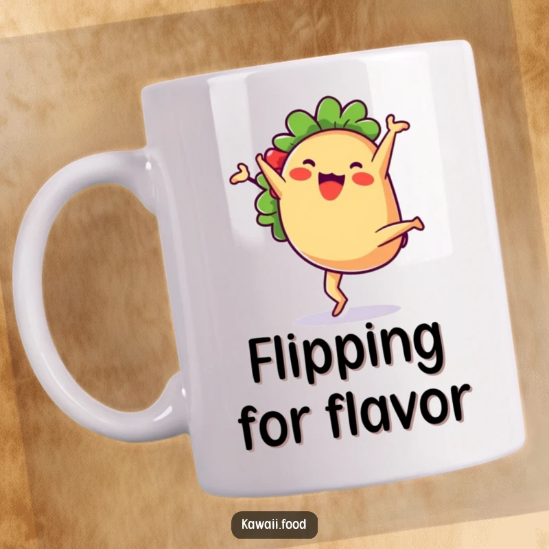 Cute anthropomorphic taco character joyfully performing a cartwheel, radiating pure fun and delicious energy on this mug.