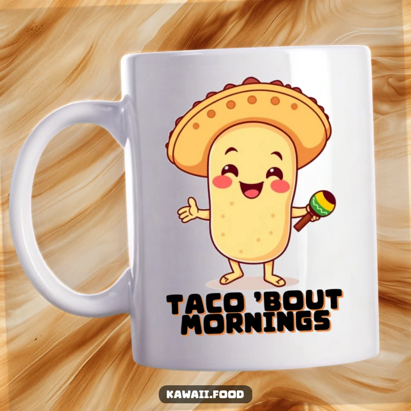 Funny mug featuring a smiling taco character wearing a sombrero, energetically dancing with maracas, embodying pure fiesta joy.