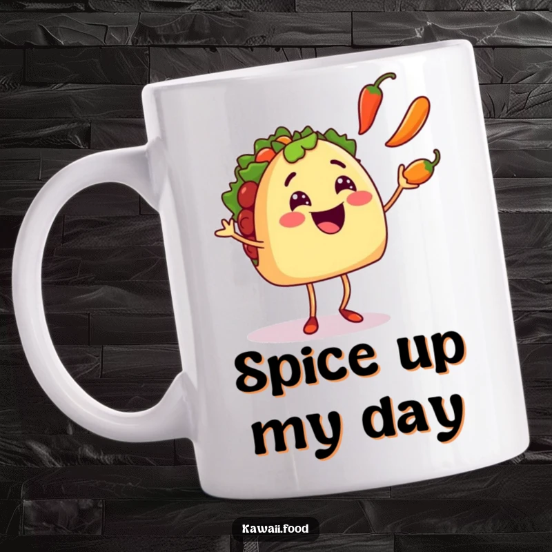 Funny smiling taco character with tiny legs excitedly juggling three colorful chili peppers, bringing vibrant humor to this mug.