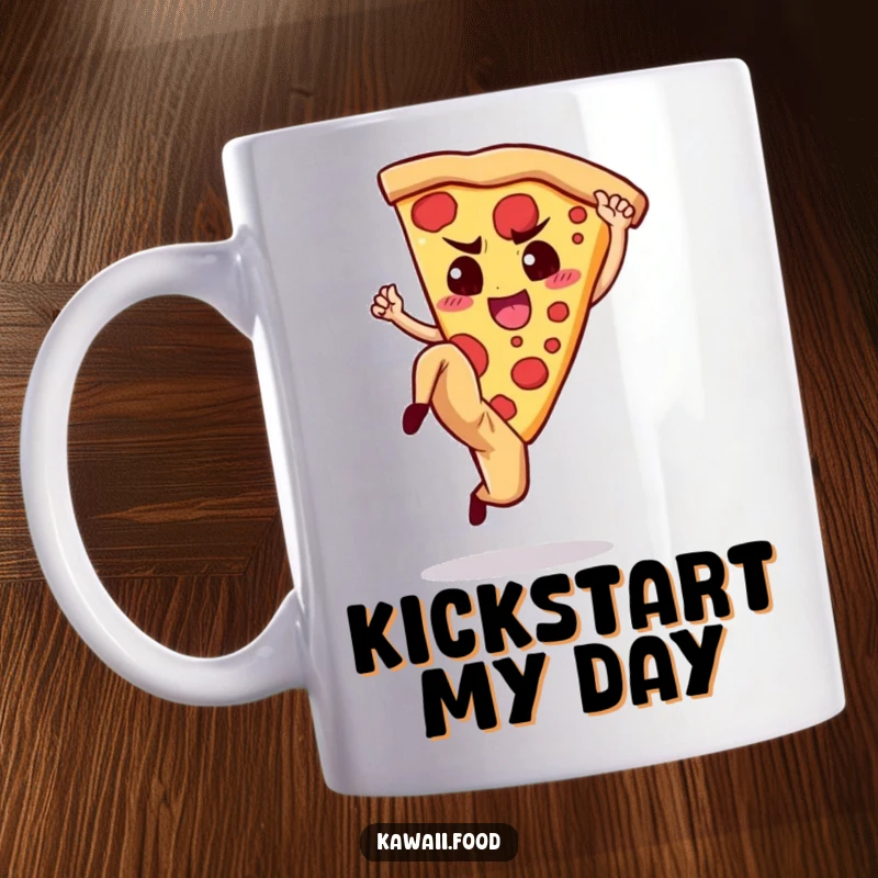 Funny Mug: Determined pizza slice mid-high kick, conveying energy, action, and a love for pizza.