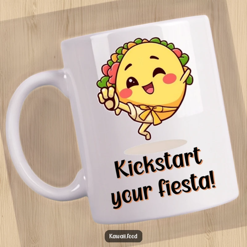Funny mug depicting a happy taco character with legs excitedly performing a dynamic karate kick, full of flavor.