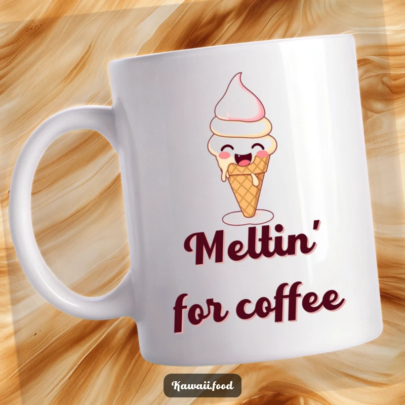Funny mug featuring a giggling ice cream cone character melting and reforming itself, embodying playful resilience.