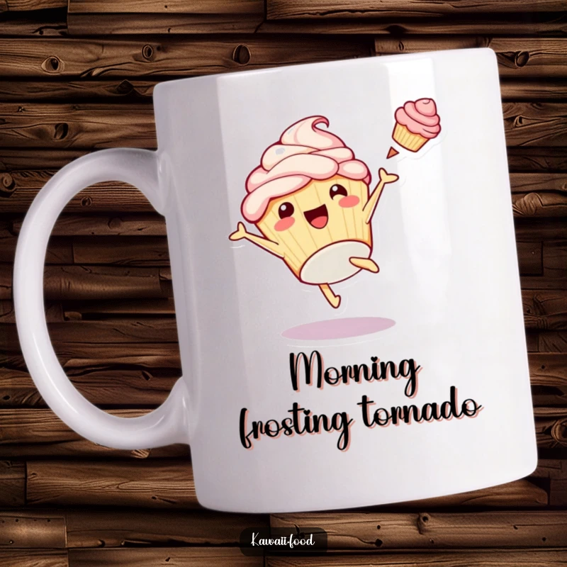 Funny mug featuring a playful cupcake character doing a cartwheel with colorful frosting flying mid-air, capturing a moment of sweet chaos.