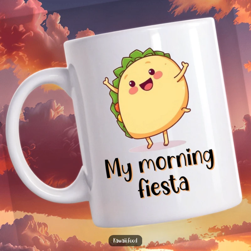 Funny mug with a happy taco with legs performing a cartwheel, celebrating deliciousness with energetic flair.