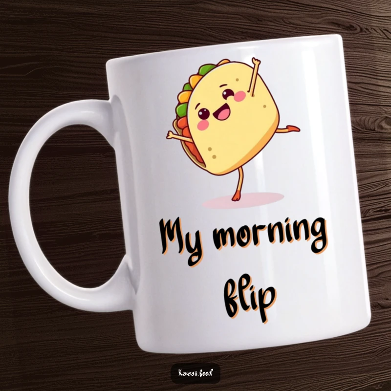 Funny mug featuring a happy taco character with legs doing a cartwheel, expressing pure joy and silliness.