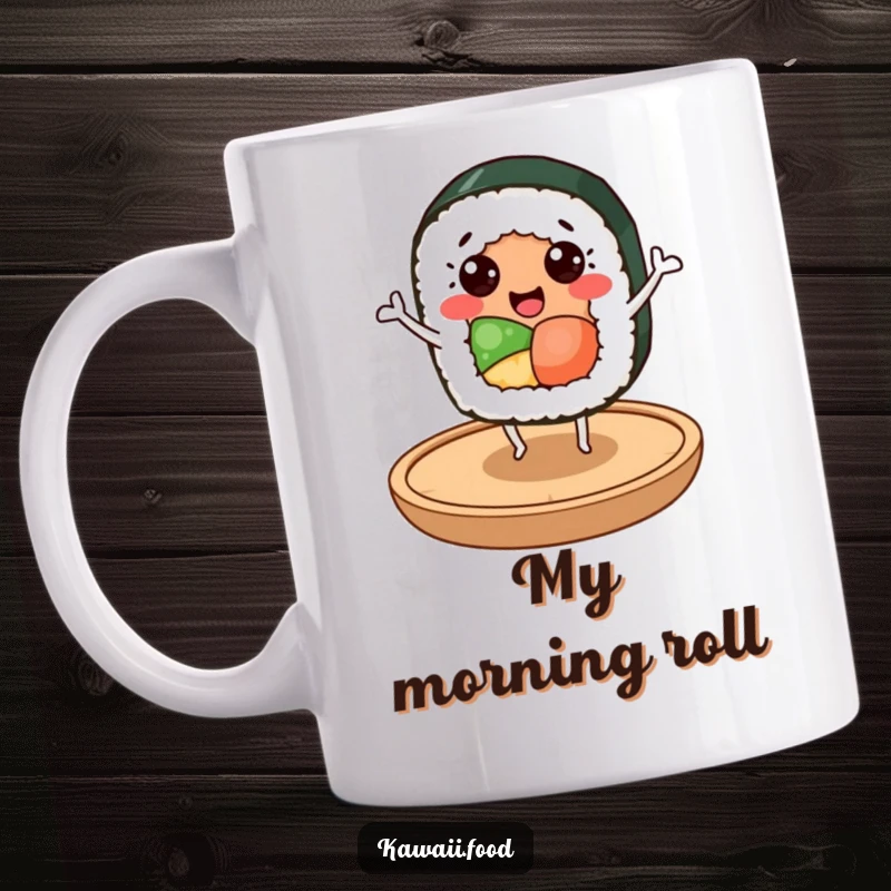 Funny sushi roll character with happy eyes dancing energetically on a small wooden plate, bringing pure joy and humor to this mug.