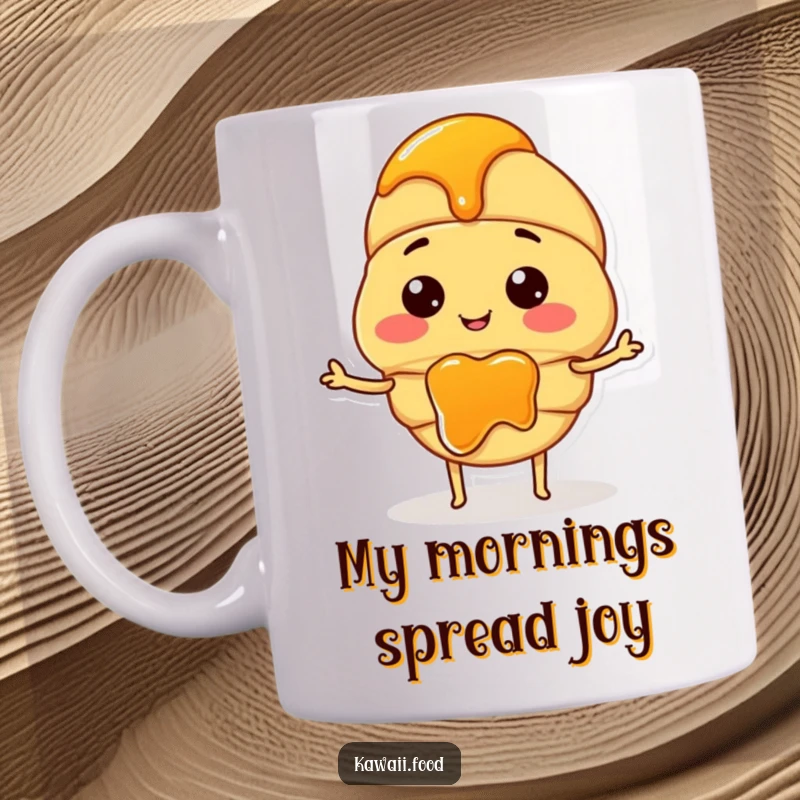 Funny mug featuring a smiling croissant character with tiny arms, enthusiastically spreading jam onto a piece of toast.