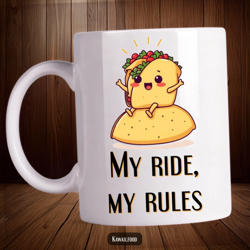 Funny mug featuring a taco with legs joyfully riding a giant tortilla with pride, showcasing a hilarious food adventure.