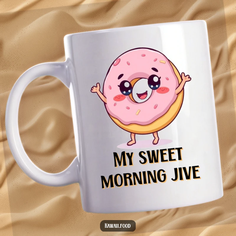 Funny mug with a cheerful donut with eyes doing a lively, playful dance, spreading sugary happiness.
