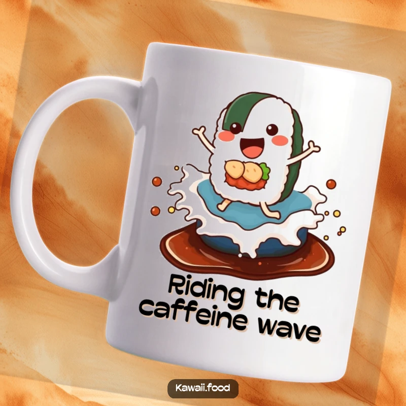 Funny mug showing a delighted sushi roll with legs gleefully riding a rolling wave of soy sauce, symbolizing sushi surfing fun.