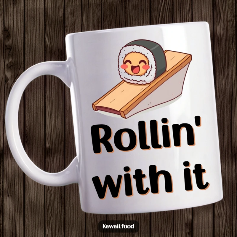 Funny mug featuring a smiling sushi roll character joyfully sliding down a ramp, conveying pure delight.
