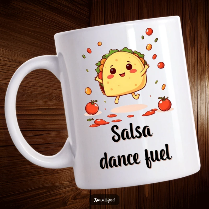 Funny Taco Hop Mug: A cheerful taco character with tiny feet joyfully hopping amidst falling salsa, bringing fiesta vibes to your drink.