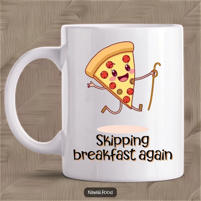 Funny mug showing a pizza slice with legs struggling to skip rope using a spaghetti strand, a comical carb-filled scene.