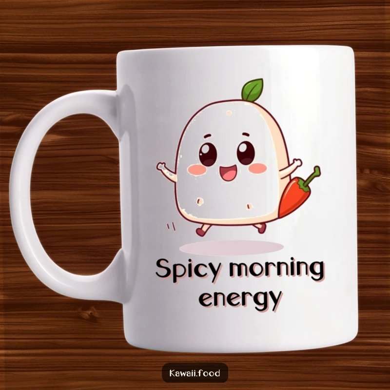 Funny Onigiri Skip Mug: A bouncing onigiri character with big eyes joyfully skipping with a chili pepper, full of playful energy.