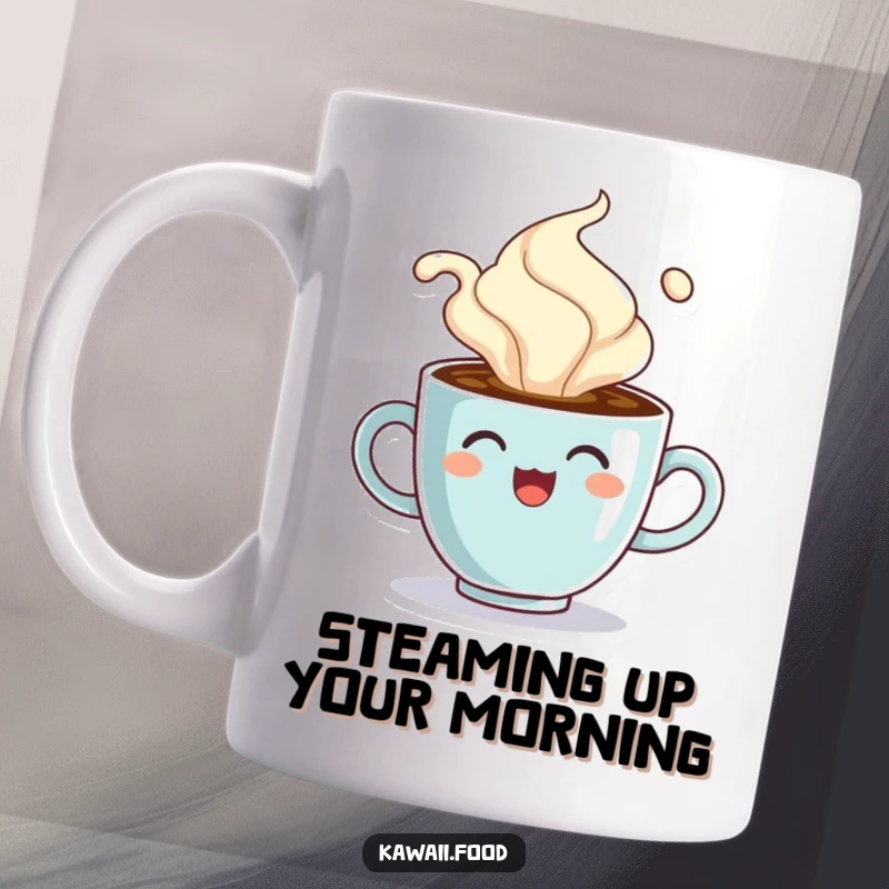 Funny mug with a cheerful coffee cup character comically overflowing with steam, symbolizing hot and happy mornings.