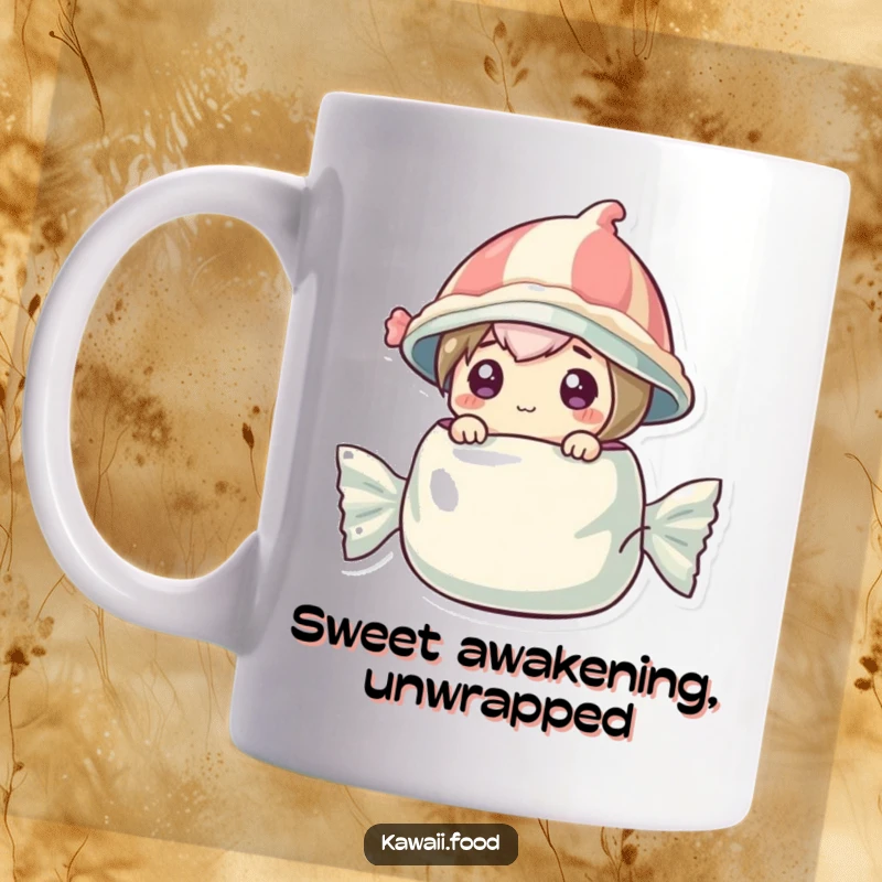 Funny mug featuring a curious candy character wearing a small wrapper hat, popping playfully out of a larger candy wrapper.