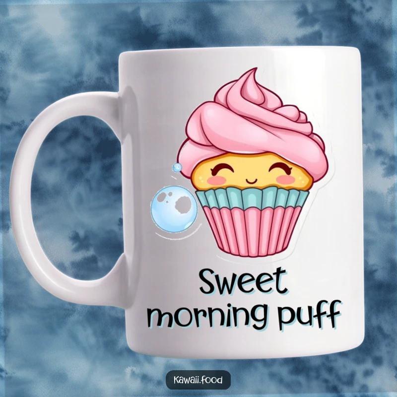 Funny mug featuring a cheerful cupcake character with colorful frosting hair, playfully blowing a large bubble.