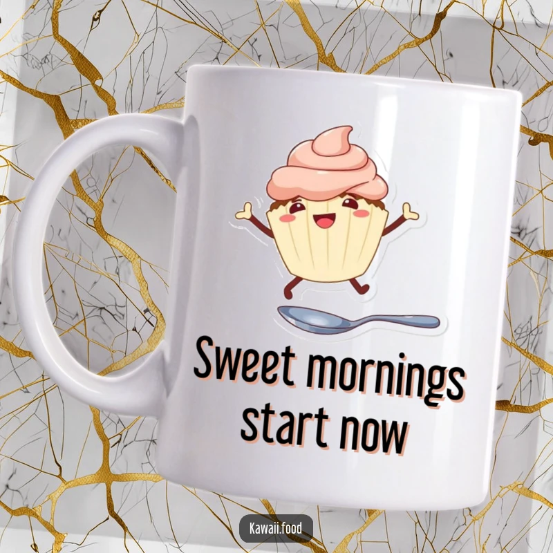 Funny cheerful cupcake with legs joyfully leaping over a tiny spoon on a mug, a whimsical and humorous dessert design.