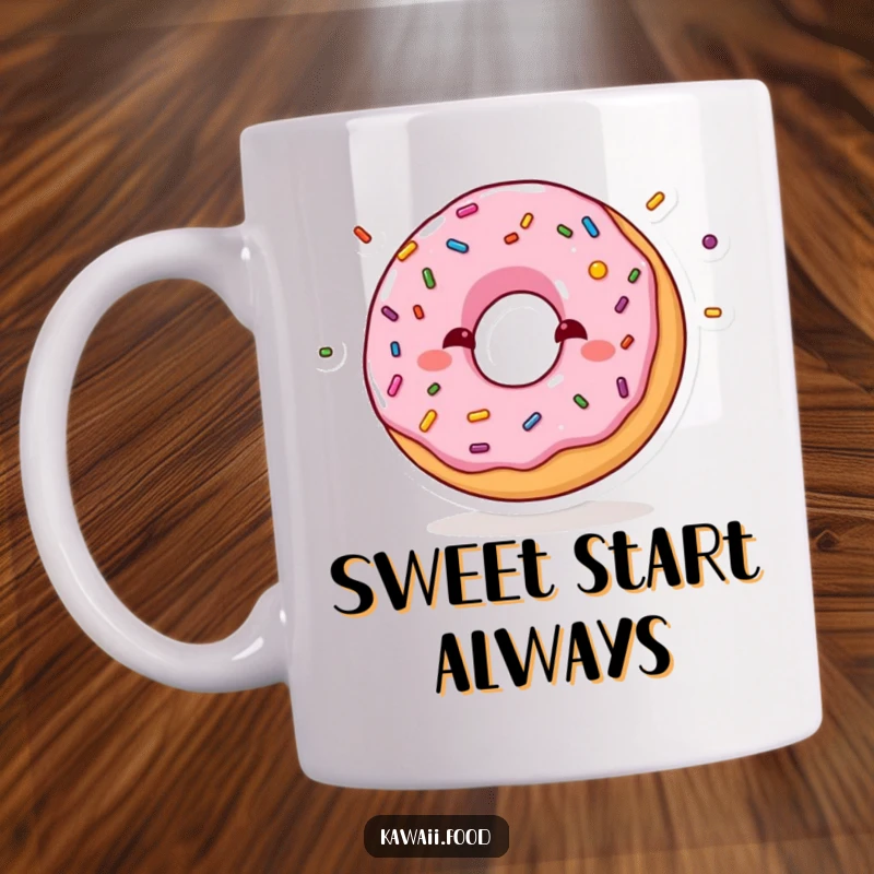 Funny mug with a shy donut character blushing while expertly juggling tiny sprinkles, symbolizing cute shyness and sweet fun.