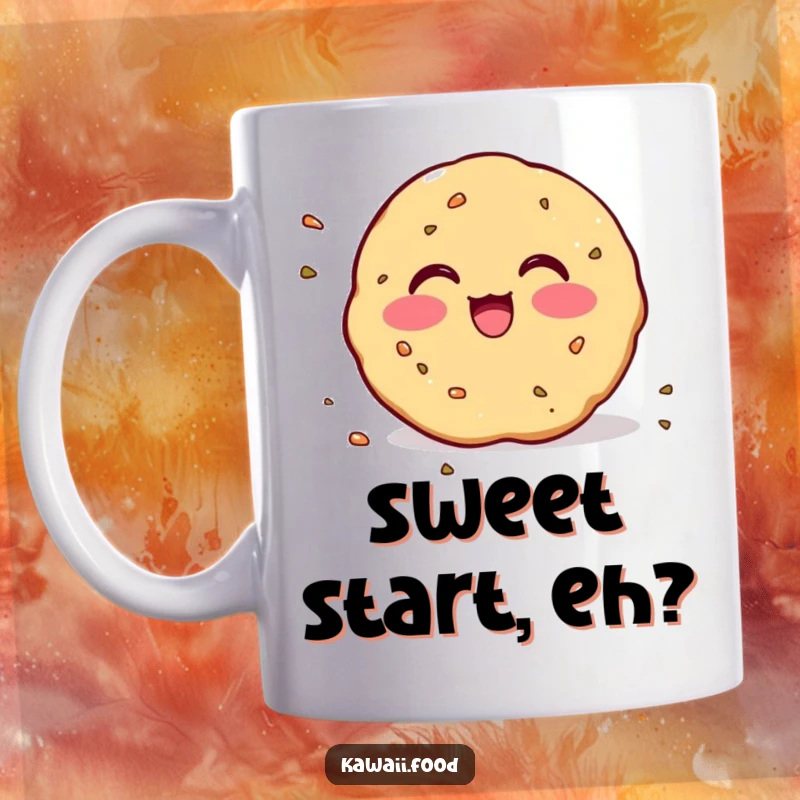 Funny Mug: A cute, blushing cookie with crumbs scattering around it in sheer excitement, adorable and humorous.