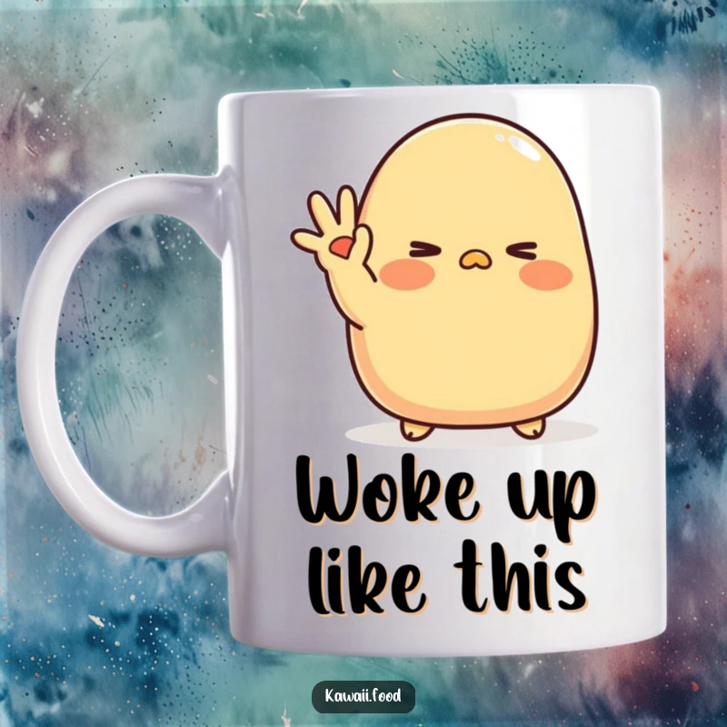 Funny Tamagoyaki Wink Mug: A blushing tamagoyaki character waves shyly with a cute wink, radiating sweet and gentle charm.