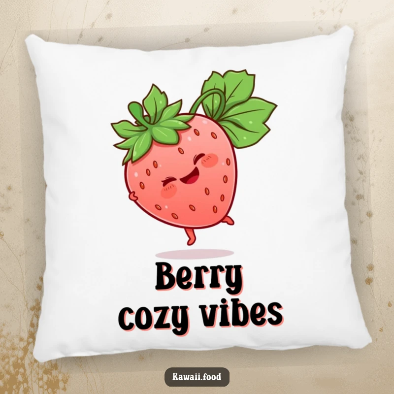 Funny Strawberry Pillow showcasing a giggling strawberry character doing a cartwheel with its leaf stem, adding softness and humor to any room.