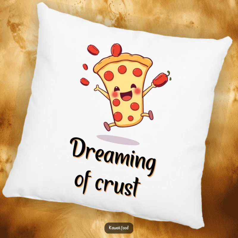 Funny pizza slice character doing a cartwheel with pepperonis flying, designed for a soft and decorative accent pillow.