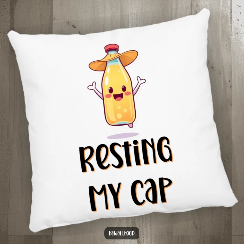 Funny soda bottle character in a straw hat, joyfully jumping, designed for a soft and decorative accent pillow.
