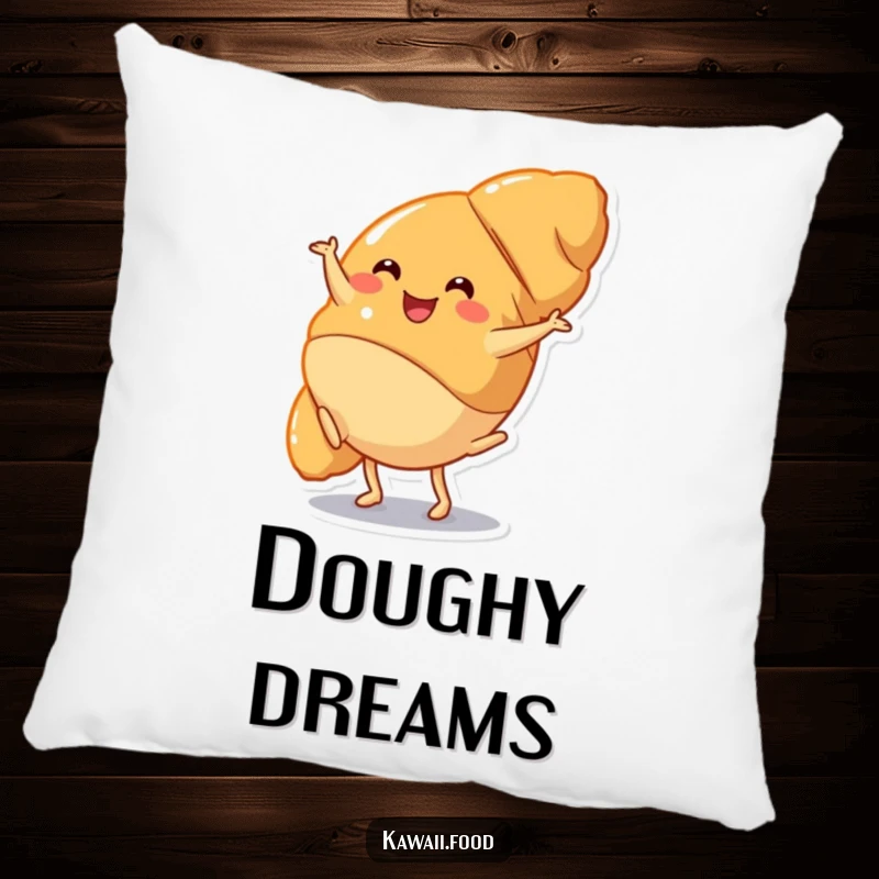 Funny Pillow: A soft cushion featuring a happy croissant character joyfully performing a cartwheel, offering a humorous and comforting accent piece.