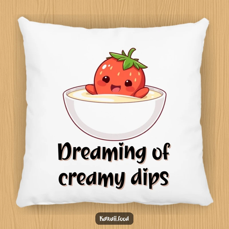 Funny pillow featuring a happy strawberry character comically attempting to swim in a bowl of cream, a soft and sweet accent.