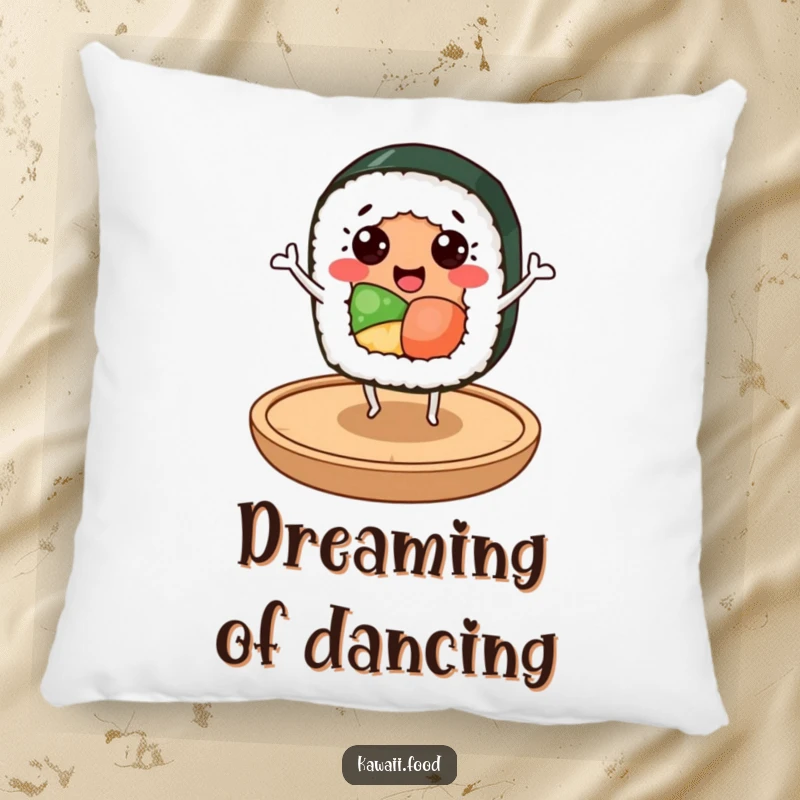 Funny sushi roll character with happy eyes dancing playfully on a small wooden plate, offering comfort and humor on this pillow.