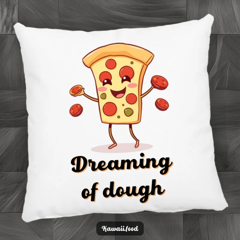 Funny pizza slice with legs juggling pepperoni toppings on a soft pillow, perfect for adding humorous comfort to any seating area.
