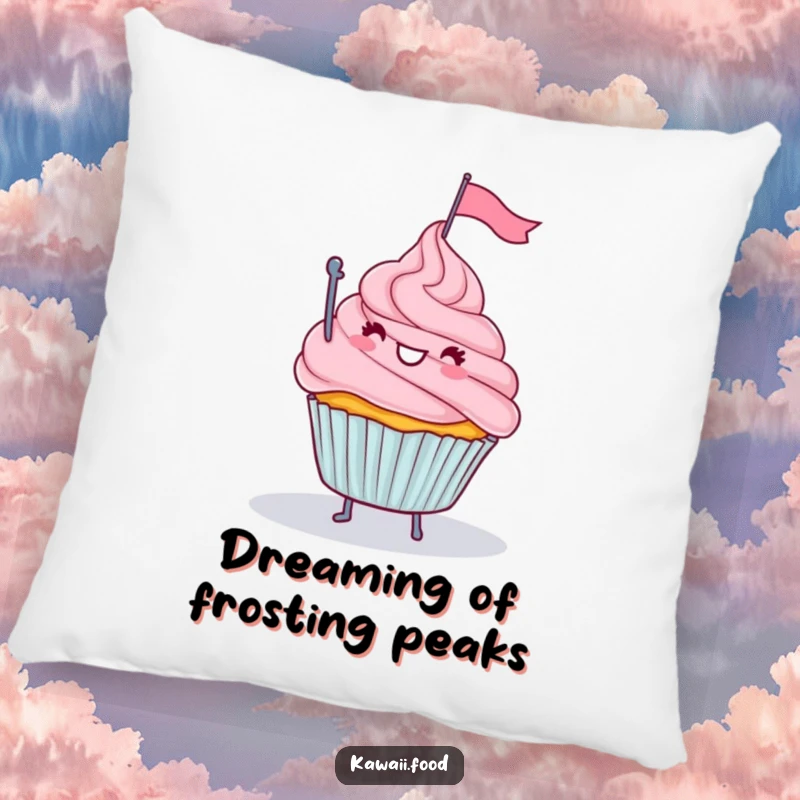 Funny pillow featuring a happy cupcake with legs waving a tiny flag from a frosting mountain, a soft and humorous accent.