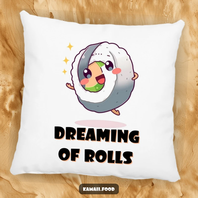Funny sushi roll character with sparkling eyes doing a cartwheel on a soft pillow, providing comfort and a humorous, joyful touch.