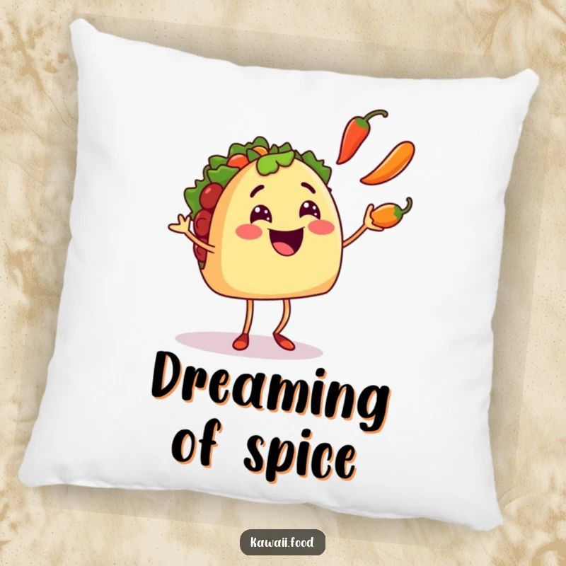 Funny smiling taco character with tiny legs juggling three chili peppers, bringing quirky charm and humor to this pillow.
