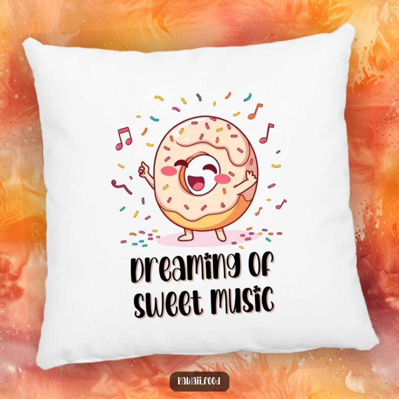 Funny pillow featuring a giggling donut character enthusiastically conducting an orchestra of sprinkles, designed for comfort and laughs.