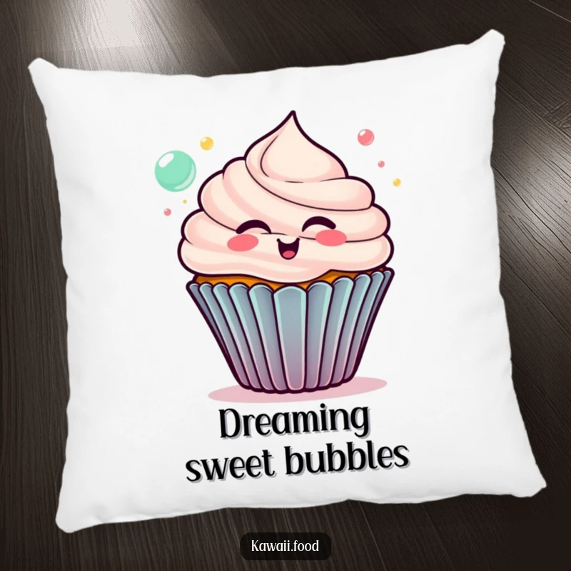 Funny cupcake pillow, delighted character blowing colorful bubbles, a soft and cheerful accent for humorous relaxation.