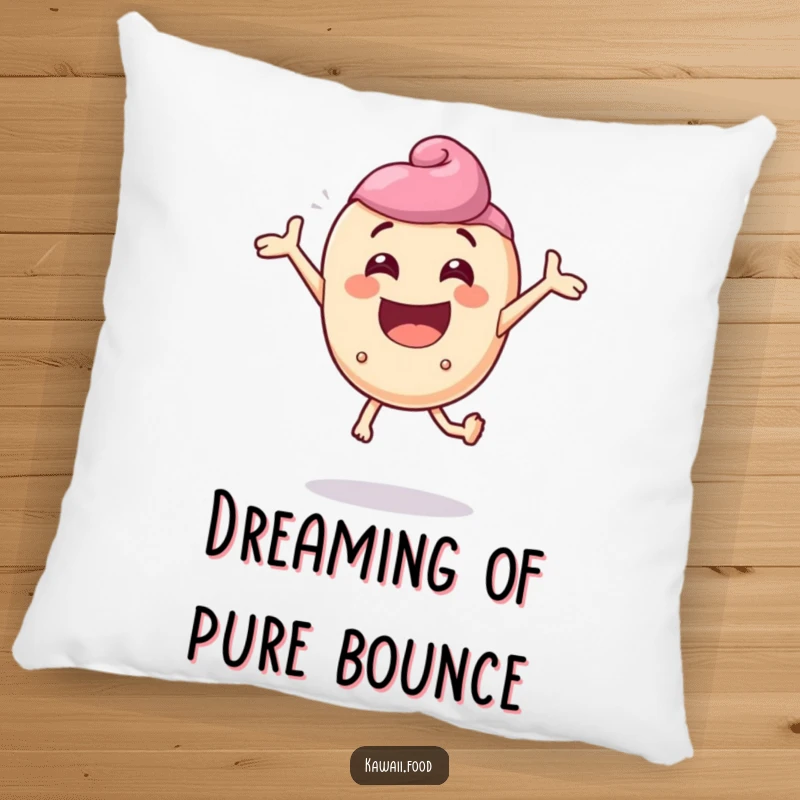 Funny pillow featuring a delighted candy character comically bouncing with extreme enthusiasm, a soft cushion of pure joy.